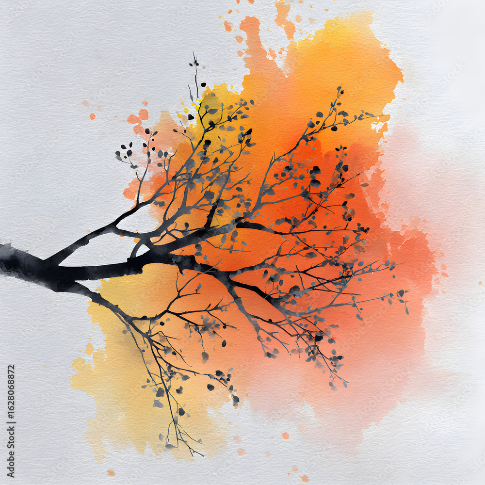 Poster tree branch silhouette on watercolor ink splash with autumn gradient color blending