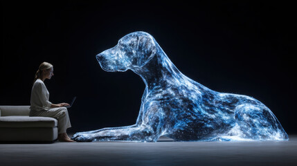 Futuristic woman on international dog day viewing large blue virtual reality hologram of canine companion in dark room feeling calm