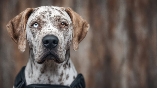 Soulful catahoula dog portrait with heterochromia for international dog day. serious pet with one blue eye and brown eye looking at camera