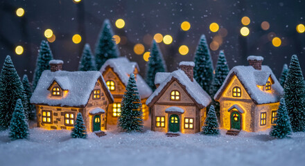 Fototapeta premium Miniature Mushroom Village – Illuminated Fairy Houses with Night Sky Backdrop