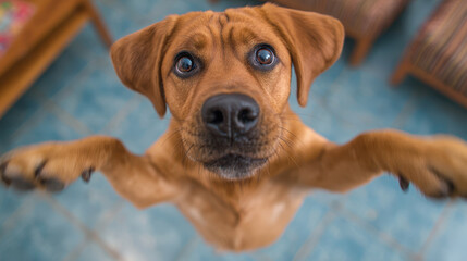 Cute brown dog looking up with funny surprised eyes celebrates international dog day. playful puppy reaching with paws in happy moment