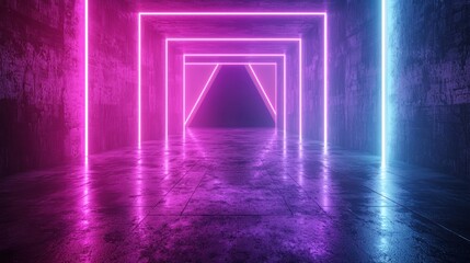3d technology abstract neon light background, empty space scene, spotlight, dark night, virtual reality, cyber futuristic sci-fi background, street floor studio for mock up. colored geometric