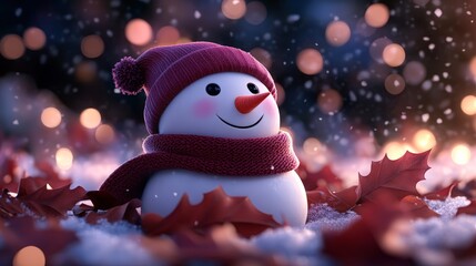 Obraz premium A cheerful snowman adorned with a cozy scarf and hat sits amidst fallen leaves in a snowy landscape, creating a whimsical winter scene perfect for holiday-themed projects, greeting cards