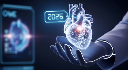 Innovative medicine shows holographic heart in 2026 on doctor's hand for futuristic tech