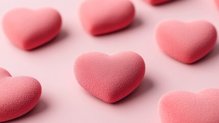 Obraz premium Pink heart shapes scattered on a soft pastel background create a whimsical and romantic ambiance, perfect for Valentine's Day promotions, love-themed marketing, or greeting card designs,