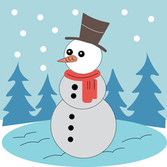 Cute colorful snowman with red scarf and top hat in winter Illustration