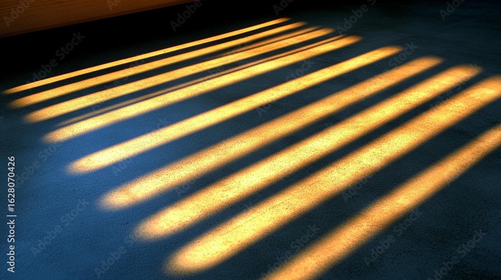 Poster sunlight streaks on a floor, creating parallel lines of warm golden shadows