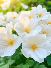 Obraz premium A close-up of vibrant white flowers with delicate petals and bright yellow centers, bathed in soft sunlight, Ideal for spring-themed designs, floral arrangements, and nature-focused content,