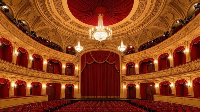 Grand Theatre: Luxurious Interior, Empty Seats, Golden Accents, Red Curtains