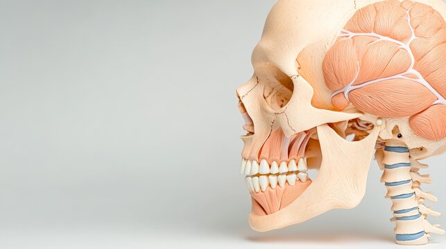 Detailed anatomical model of a human skull, showcasing muscles and brain structure, suitable for educational purposes, medical illustrations, and informational content related to anatomy,