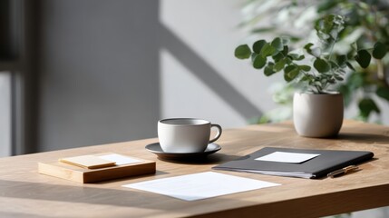 Gig worker insurance concept. Cozy workspace with coffee, notepads, and a plant by a sunlit window.