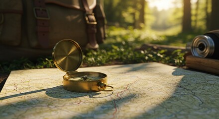 Golden Compass and Topographic Map in Forest Sunlight, Backpacking Adventure