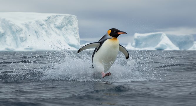 King Penguin Running Across Antarctic Ocean Waters