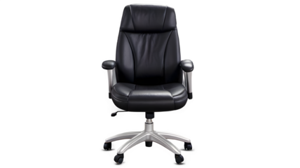 Executive black leather office chair, swivel base, ergonomic design for ultimate comfort, a symbol of power and success in the modern workplace environment PNG