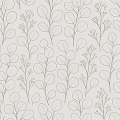 Minimalist Botanical Pattern &ndash; Elegant Hand-Drawn Branches with Round Leaves and Berries on Light Background, Seamless Nature-Inspired Illustration for Wallpaper, Fabric, and Stationery Designs