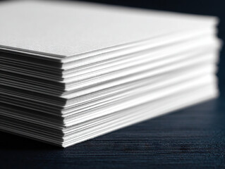 Stack of white papers on dark wooden surface, showcasing clean and organized appearance