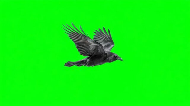4k video of a raven flying on green background.