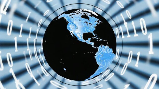 A world globe surrounded by a tunnel made of binary code