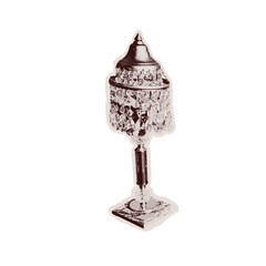 Trendy halftone collage of crystal vintage lamp cut from old newspaper. Isolated vector illustration chandelier grayscale retro sticker with Dot texture. Vintage Pop art aesthetic, y2k vibe nostalgic
