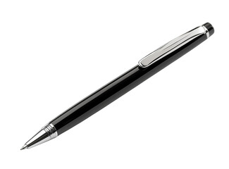 A black pen is isolated on a white background, viewed from the top. The pen is a black ballpoint with a metal body and a silver clip 