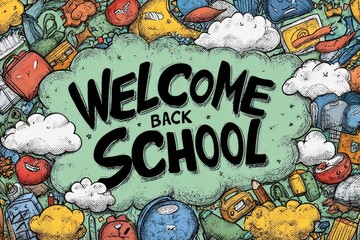 Obraz premium Welcome back to school greeting clipart background design. Back to school greeting text clip art in cloud grid space green doodle elements background