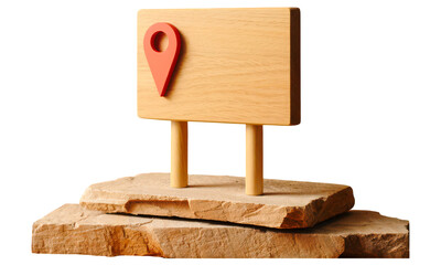 Wooden signpost with a red location pin on a stone base isolated on a transparent background
