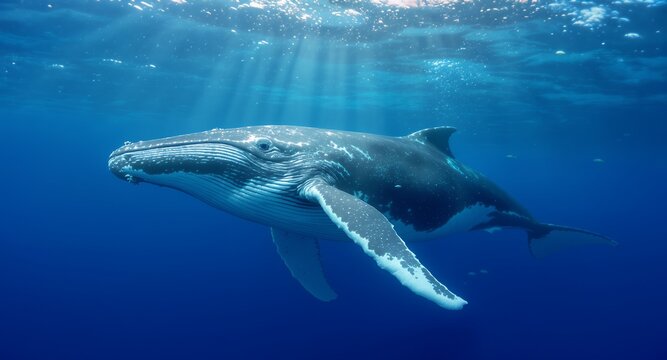 Majestic Humpback Whale Swimming Gracefully in Deep Blue Ocean Waters