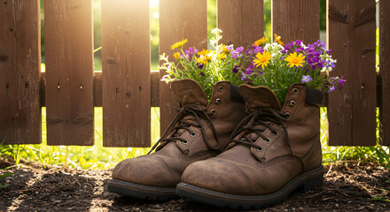 Old boots filled with colorful flowers in a rustic garden setting, a vintage and charming decoration against a wooden fence on a sunny spring day