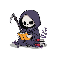 A cute cartoon Grim Reaper in a dark hooded robe reads a yellow book while holding a scythe, surrounded by purple plants and stacked books in a calm, whimsical setting.