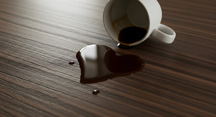 A spilled cup of coffee on a wooden table, forming a heart shape with the liquid, creating a romantic and accidental design on the surface
