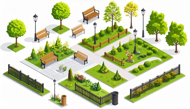 Modern park isometric elements constructor mega set. Creator kit with flat graphic street lanterns, trees and bushes, fences, benches, trash bins, paths. Vector illustration in 3D isometry design.