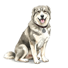 Illustration of a cute central asian shepherd dog sitting isolated on white background, showcasing its fluffy fur and friendly expression in a watercolor style