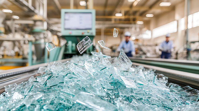 Glass fragments in a factory setting, highlighting material processing and potential for recycling. Focus on industrial processes and sustainable materials.