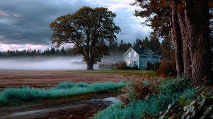 Misty autumn morning in countryside