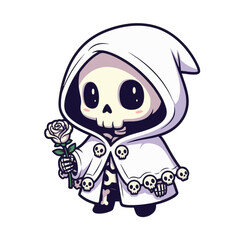 A cute skeleton in a white hooded cloak decorated with tiny skulls holds a white rose gently, combining spooky and sweet elements in a charming cartoon style.