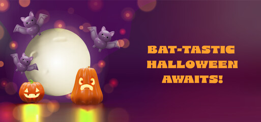 Whimsical 3D Halloween banner featuring a glowing full moon, three playful bats, and two carved pumpkins with expressive faces. Seasonal posters, party invites, and festive design projects.