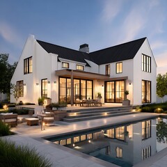 Modern luxury home with pool and outdoor living space at dusk