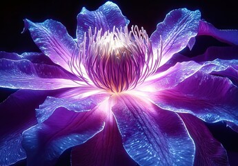 a purple clematis flower with white and pink petals, on black background