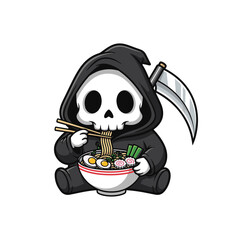 A cute cartoon Grim Reaper in a black hood enjoys a big bowl of ramen with chopsticks, blending spooky and adorable elements in a fun and cozy illustration.