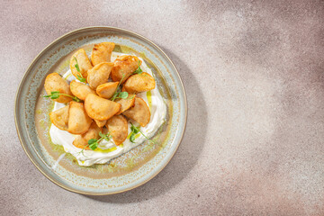 Golden fried dumplings served on a bed of creamy sauce and garnished with microgreens. top view....