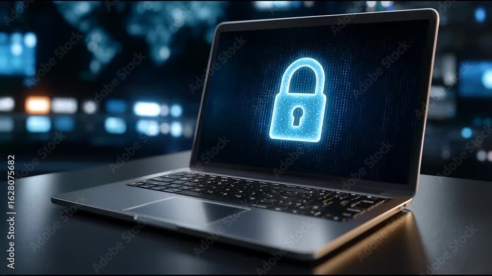 Poster laptop cybersecurity with glowing lock icon screen, digital data protection and secure technology fo