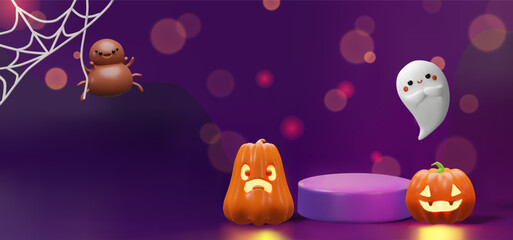 A festive Halloween scene with glowing pumpkins, a smiling ghost, and a cute spider in a web. Perfect for spooky banners, party invitations, and seasonal promotions.