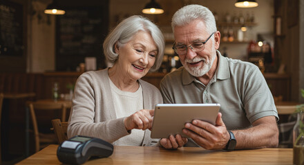 Elderly couple using a tablet at a table in a cafe looking at the screen and smiling together
