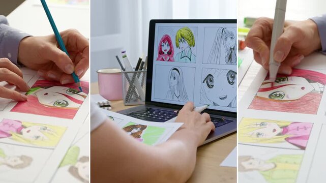 Collage artist draws storyboard for anime comic. Manga style.