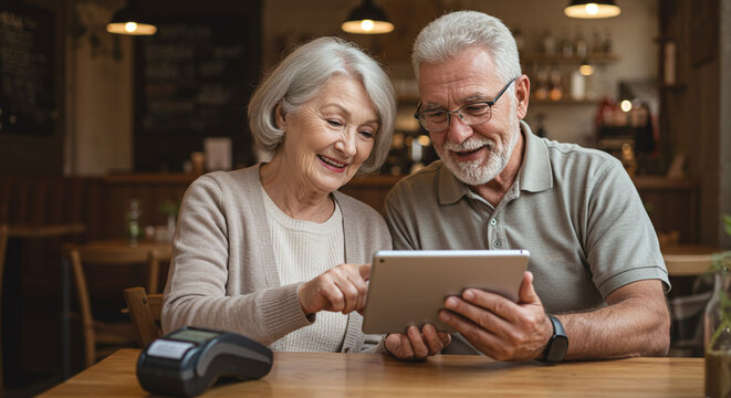 Elderly couple using a tablet at a table in a cafe looking at the screen and smiling together