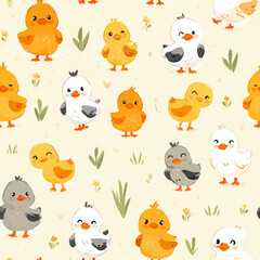 Naklejka premium Cute duck pattern joyfully adorns soft yellow background, cheerful design