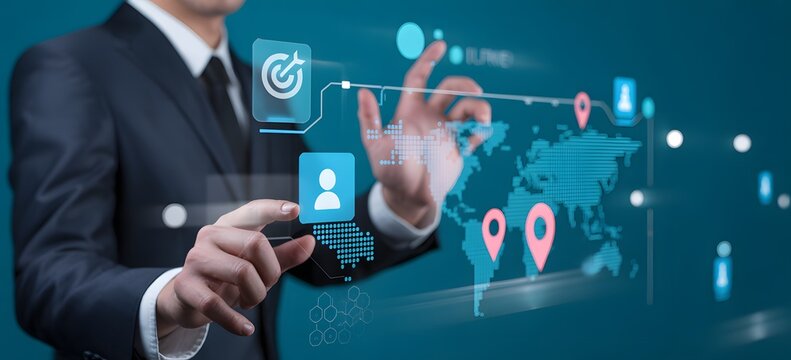 Global Digital Interaction: An executive interacts with a dynamic, digital world map, highlighting global connectivity and futuristic business opportunities through the use of touch-screen technology