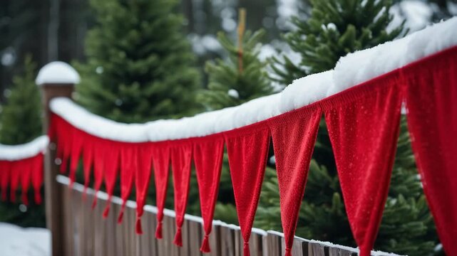 Red flags hanging from a wooden fence, simple and bright visual accent