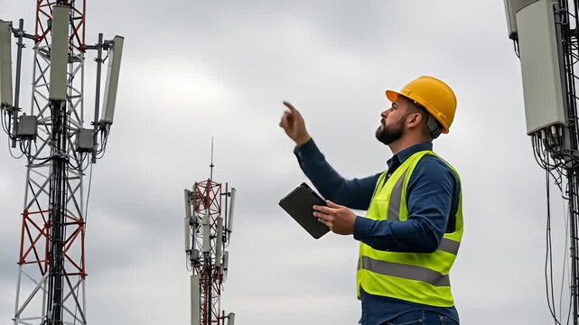 Worker points at cell tower while holding a tablet against a cloudy, overcast sky