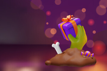 A spooky zombie green hand rises from the ground holding a Halloween gift. Surrounded by candy and bones, this playful 3D scene is perfect for seasonal banners, invites, and festive ads.